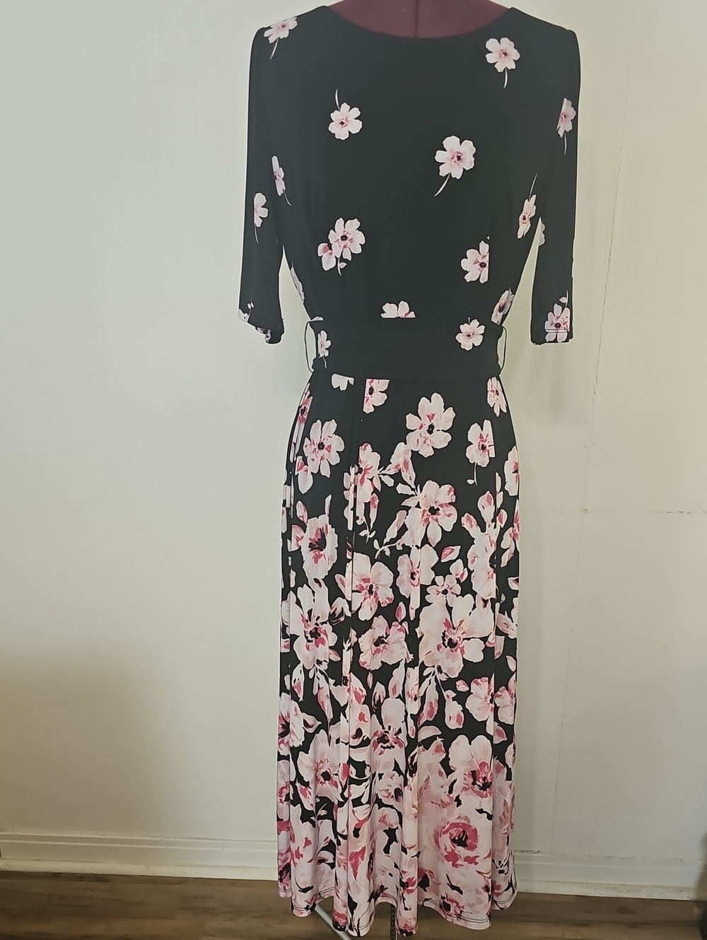 Kasper Black Maxi Dress with Pink Floral Print